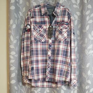Affliction Awakening Moments Men's Red and Blue Plaid Snap Shirt size 2XL
